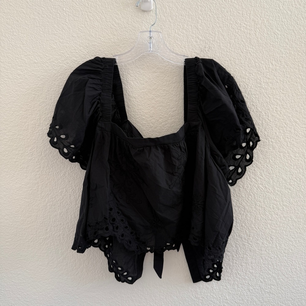 American Eagle Black Eyelet Embroidered Puff Sleeve Tie Back Crop Top XL